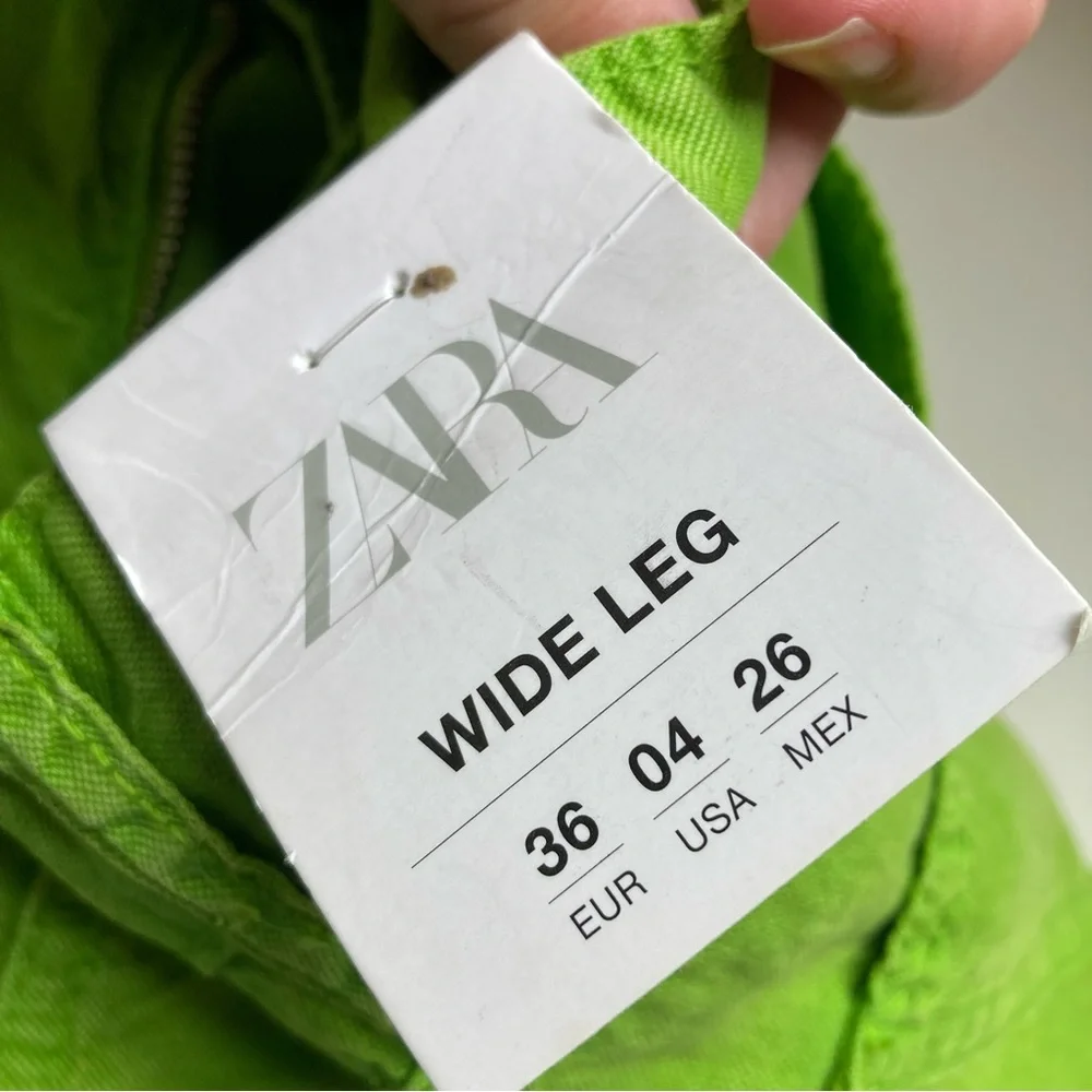 Zara Bright Green Linen Blend Mid Rise Full Length Wide Leg Pants, NWT Sz 4